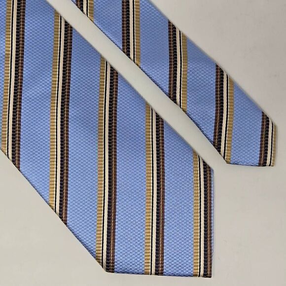 ATESETA FIRENZE ITALY SILK TIE BLUE TAN HEAVY LUXURY SATIN STRIPE 3.75" X 59" - Picture 1 of 2
